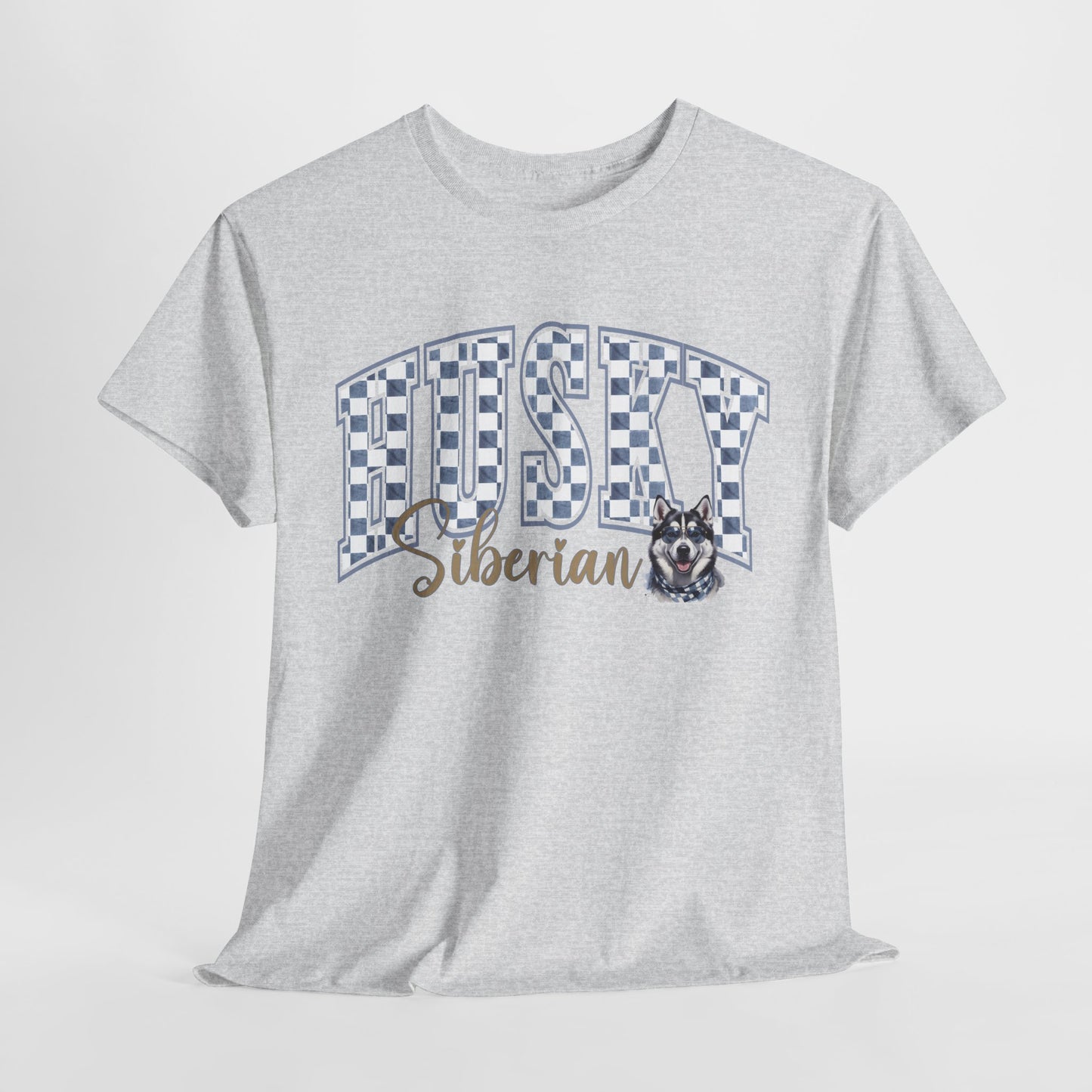Gray t-shirt with 'Husky Siberian' text and dog graphic on a light gray background