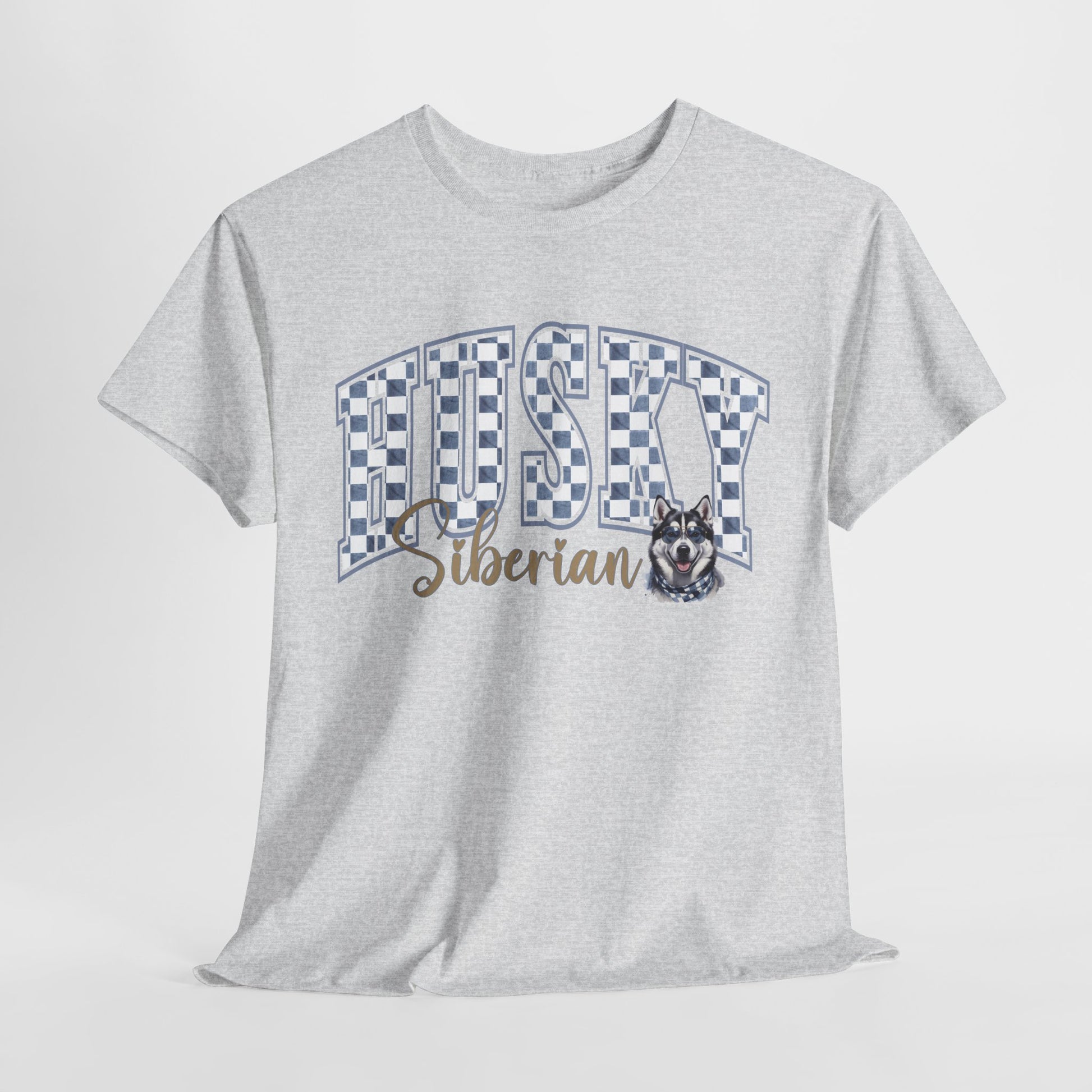 Gray t-shirt with 'Husky Siberian' text and dog graphic on a light gray background