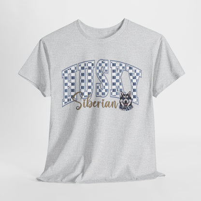 Gray t-shirt with 'Husky Siberian' text and dog graphic on a light gray background