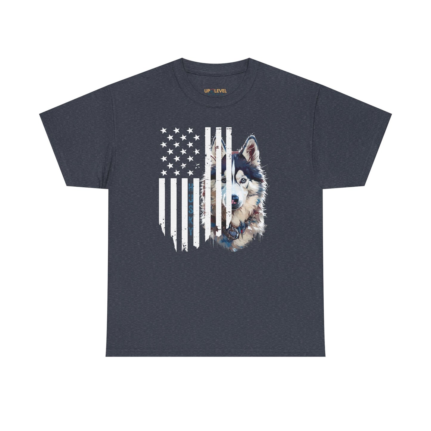 Navy blue t-shirt with a graphic of a husky dog and American flag on a white background