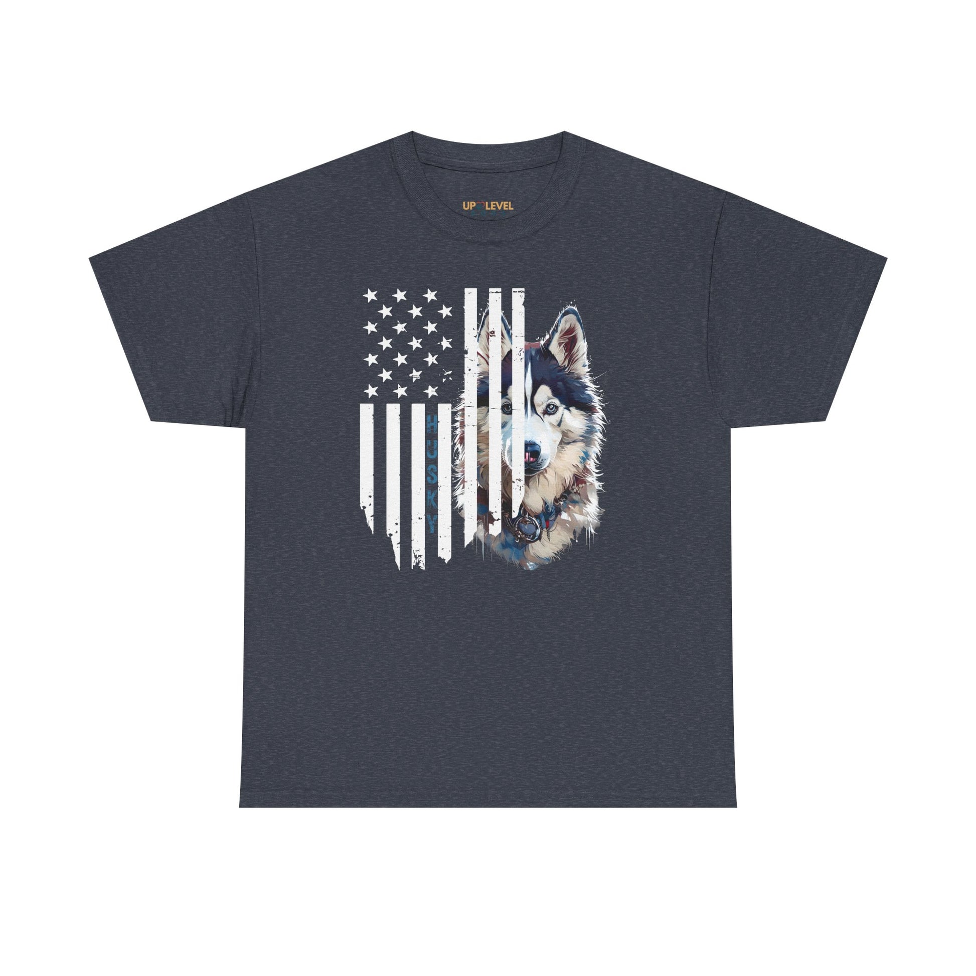 Navy blue t-shirt with a graphic of a husky dog and American flag on a white background