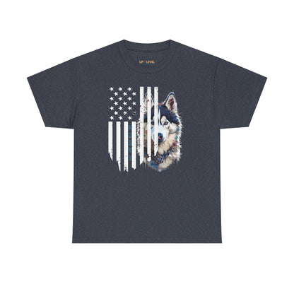 Navy blue t-shirt with a graphic of a husky dog and American flag on a white background