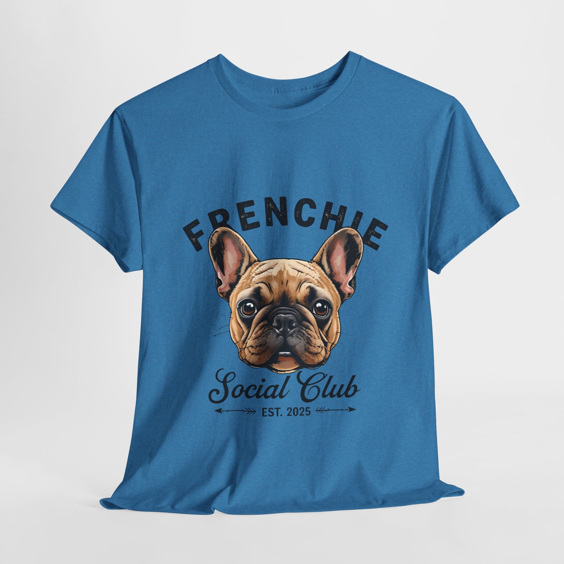 Blue t-shirt with a French Bulldog graphic and 'FRENCHIE Social Club' text on a white background