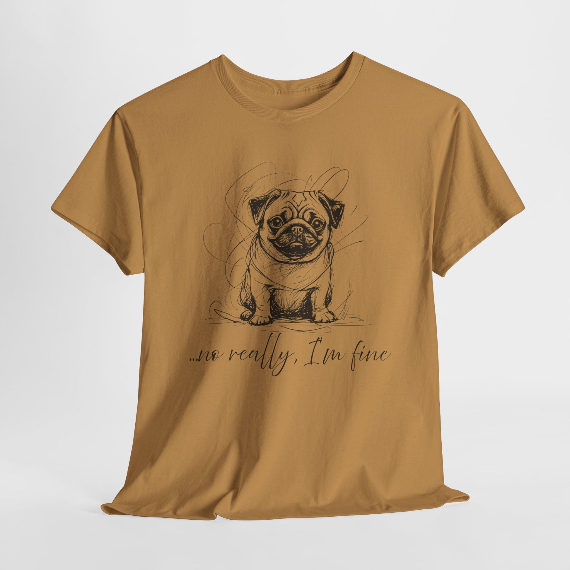 Brown t-shirt with a pug graphic and text on a white background
