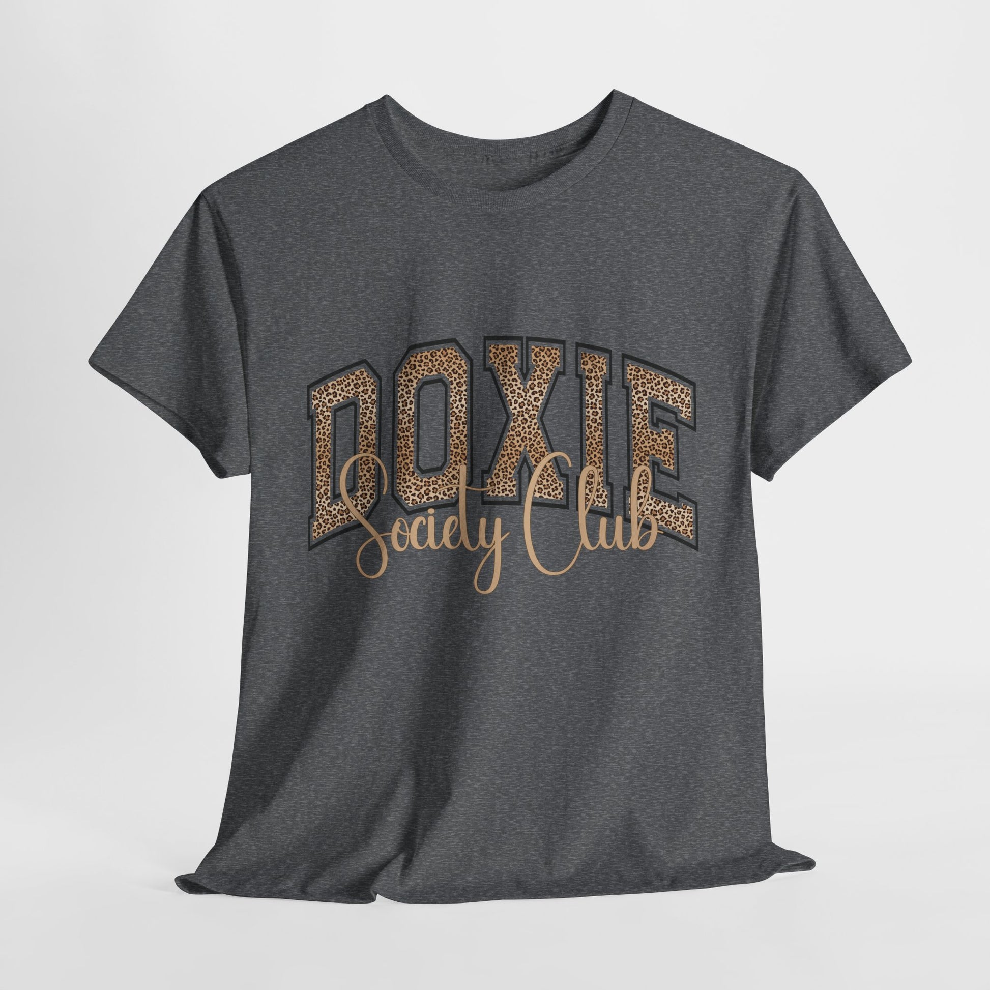 Gray t-shirt with 'DOXIE Society Club' text on a light gray background