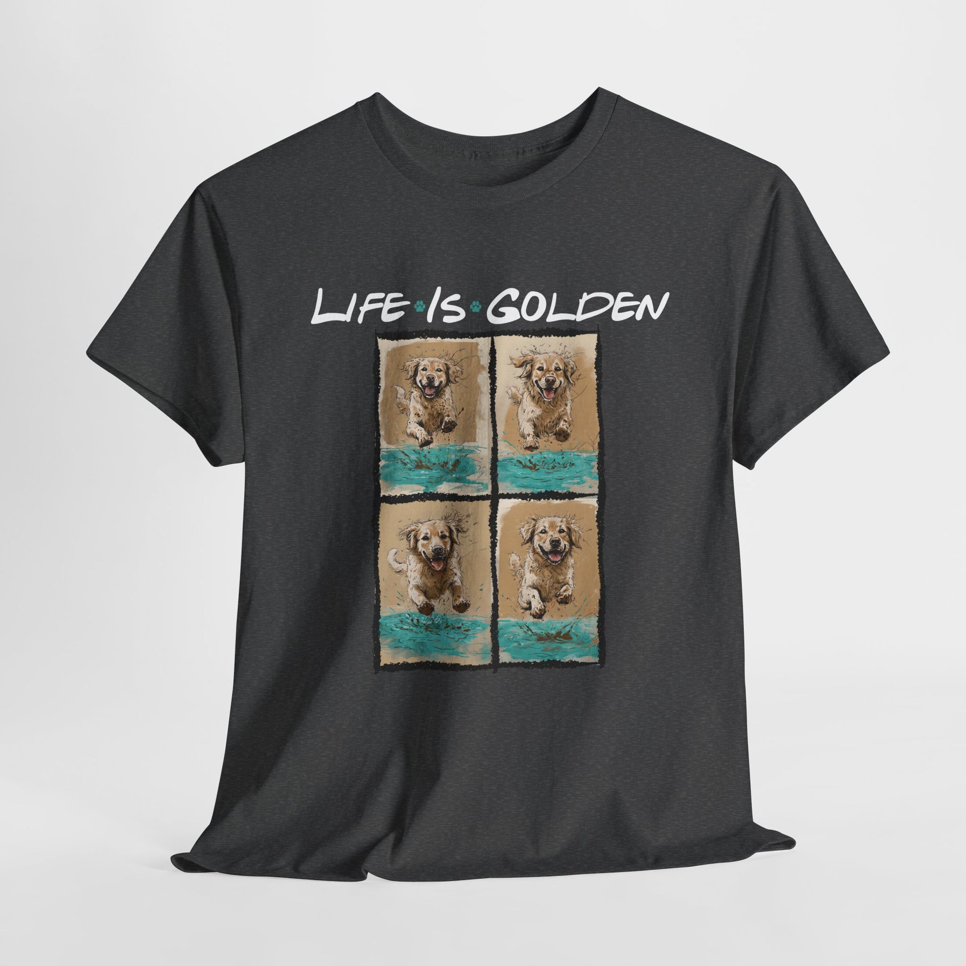 Black t-shirt with 'Life is Golden' text and dog images on a gray background