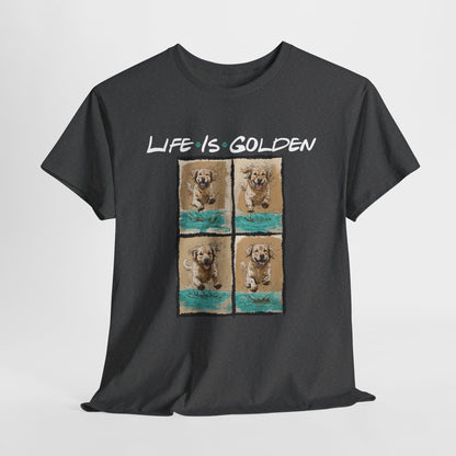 Black t-shirt with 'Life is Golden' text and dog images on a gray background