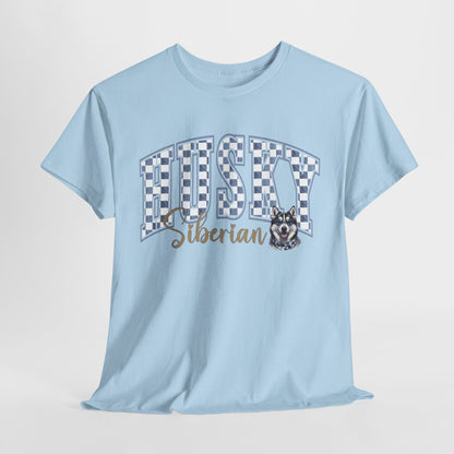 Light blue t-shirt with 'Husky Siberian' text and checkered design on a light gray background