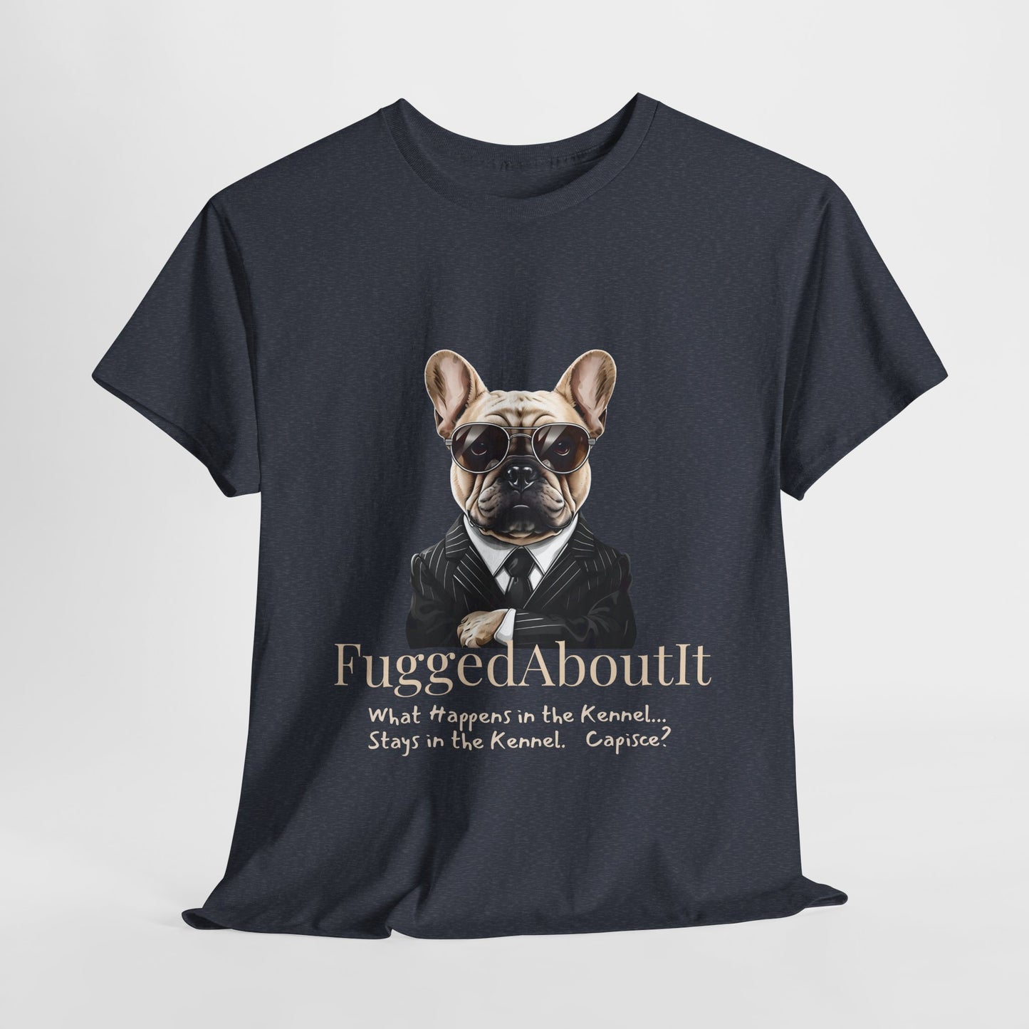 Black t-shirt with a dog graphic and text on a light gray background