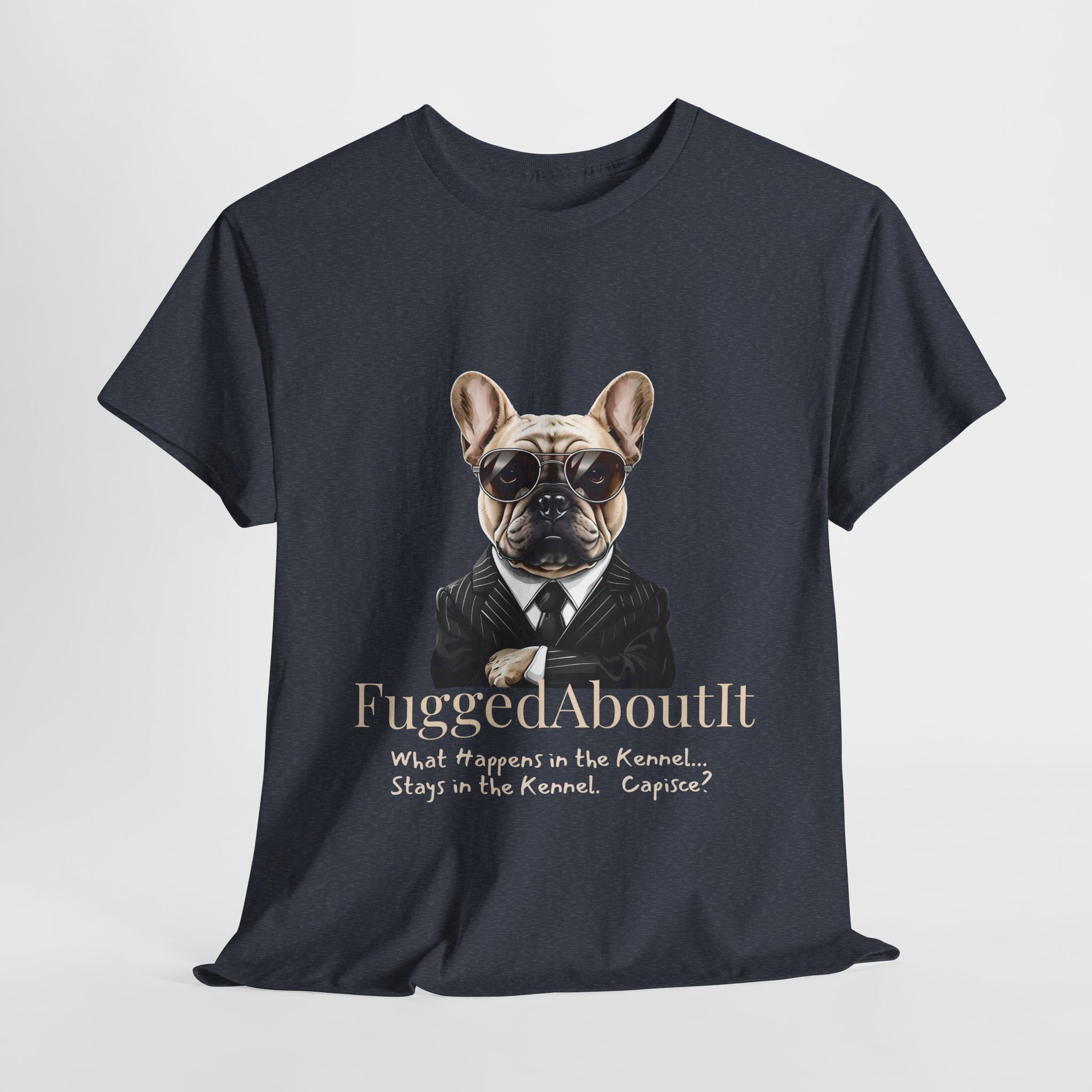 Black t-shirt with a dog graphic and text on a light gray background