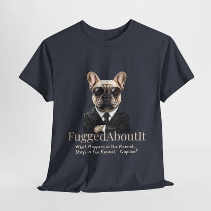 Black t-shirt with a dog graphic and text on a light gray background
