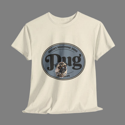Beige t-shirt with a graphic design featuring a dog and text on a white background