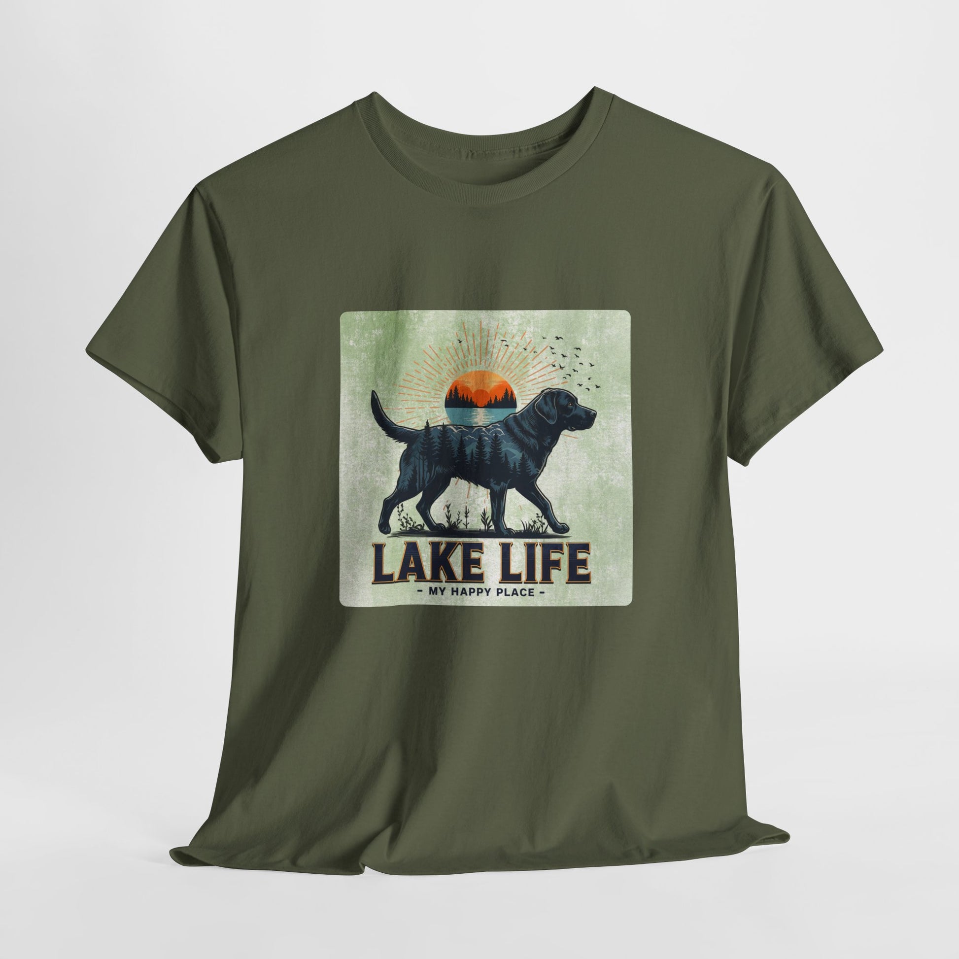 Green t-shirt with a graphic of a dog and 'Lake Life My Happy Place' text on a white background