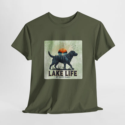 Green t-shirt with a graphic of a dog and 'Lake Life My Happy Place' text on a white background
