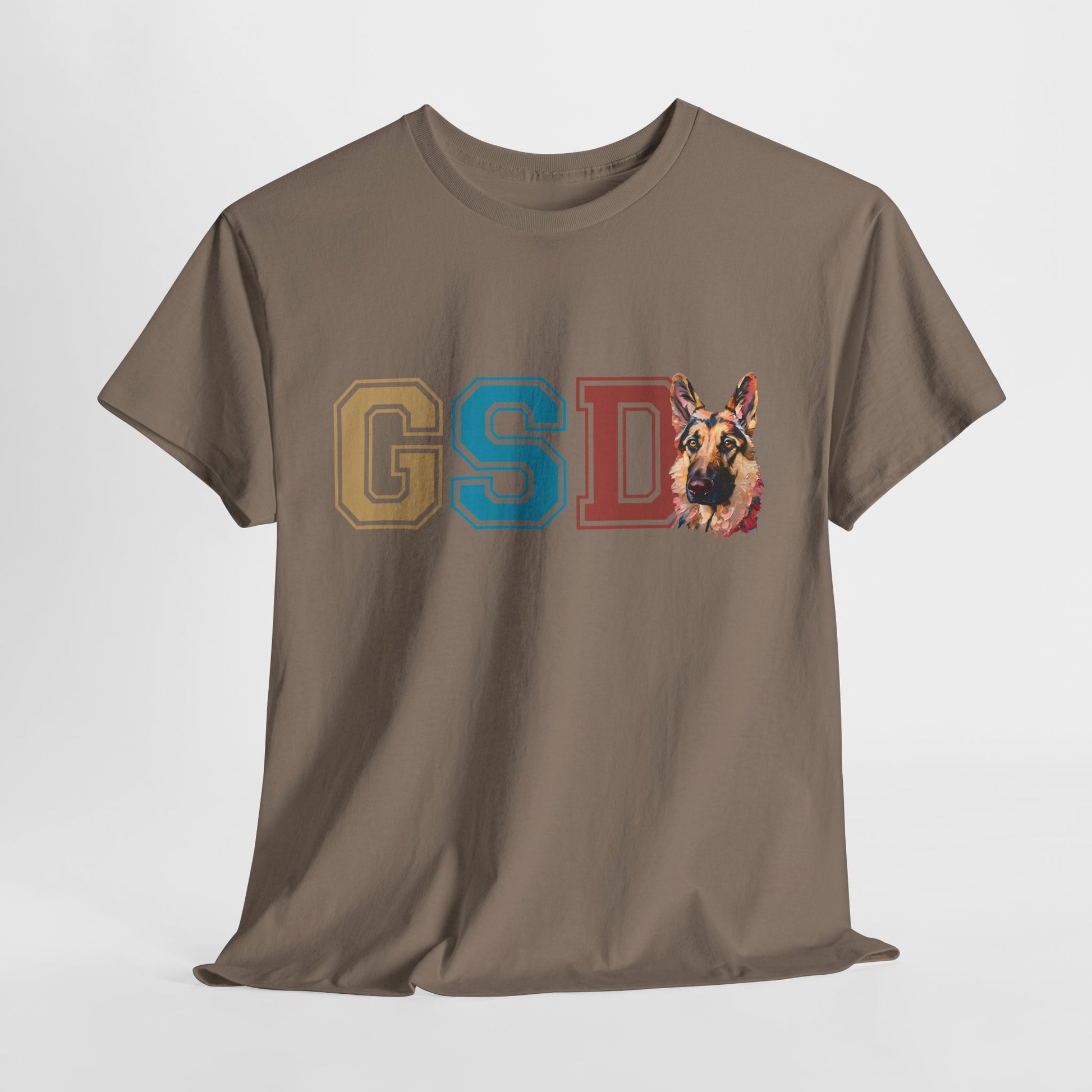 Brown t-shirt with a German Shepherd graphic and 'GSD' letters on a white background
