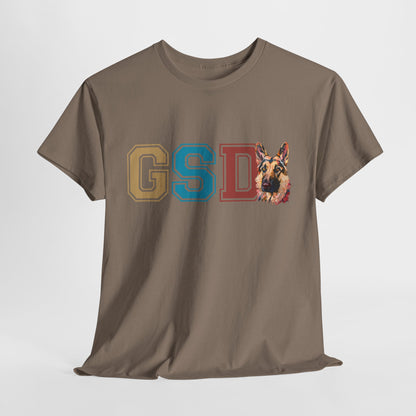 Brown t-shirt with a German Shepherd graphic and 'GSD' letters on a white background