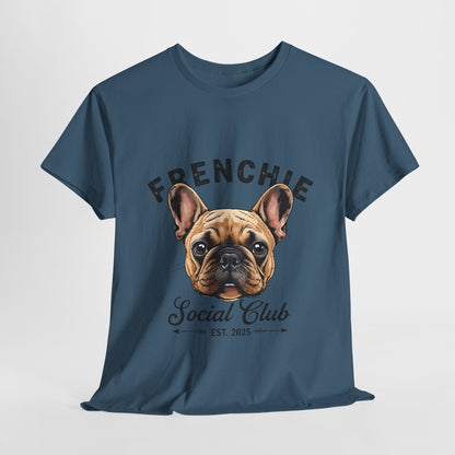 Blue t-shirt with a French Bulldog graphic and 'FRENCHIE Social Club' text on a light gray background