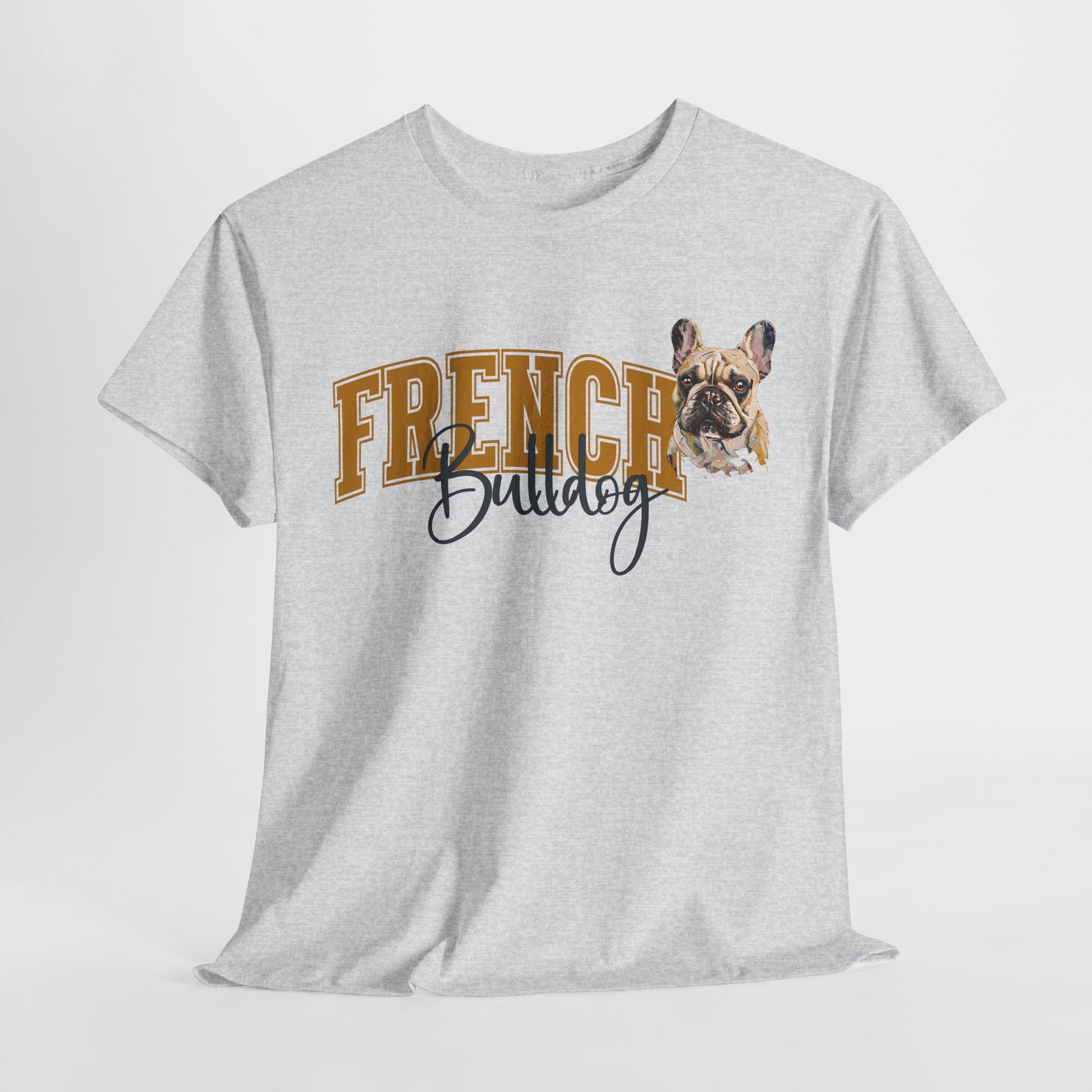 Gray t-shirt with 'French Bulldog' text and dog graphic on a white background