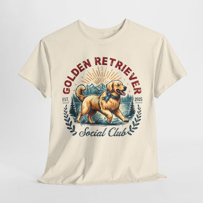 Beige t-shirt with a Golden Retriever graphic and text on a white background