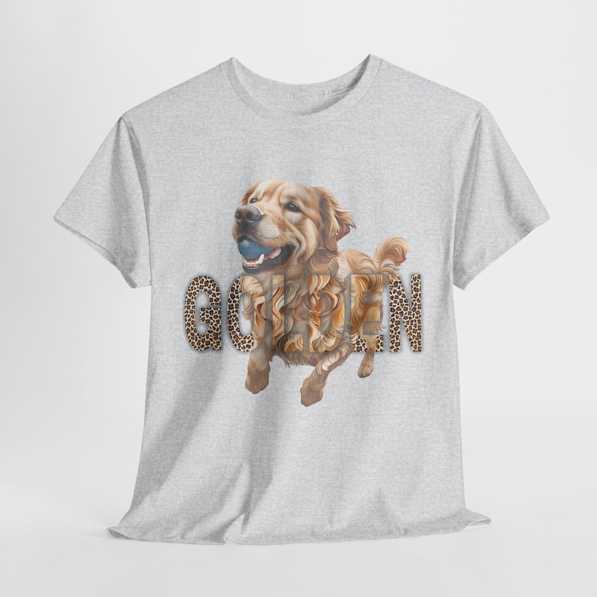 Gray t-shirt with a graphic of a golden retriever and 'GOLDEN' text on a white background