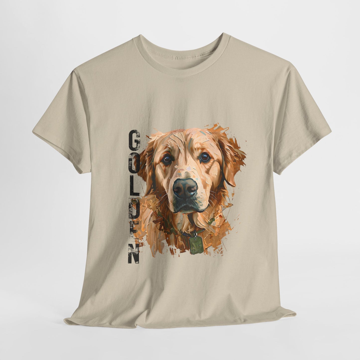 Beige t-shirt with a golden retriever graphic and 'Golden' text on a white background