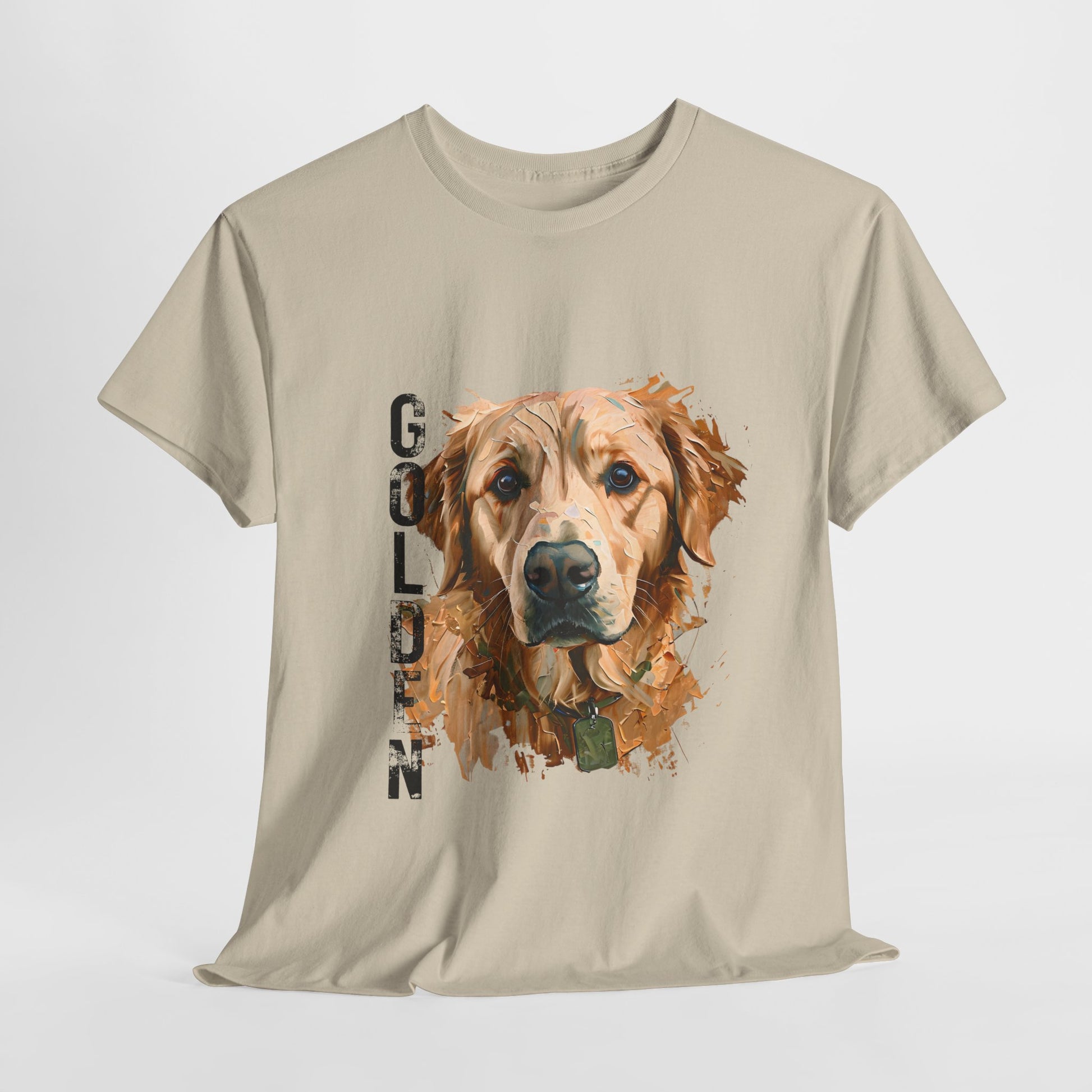 Beige t-shirt with a golden retriever graphic and 'Golden' text on a white background