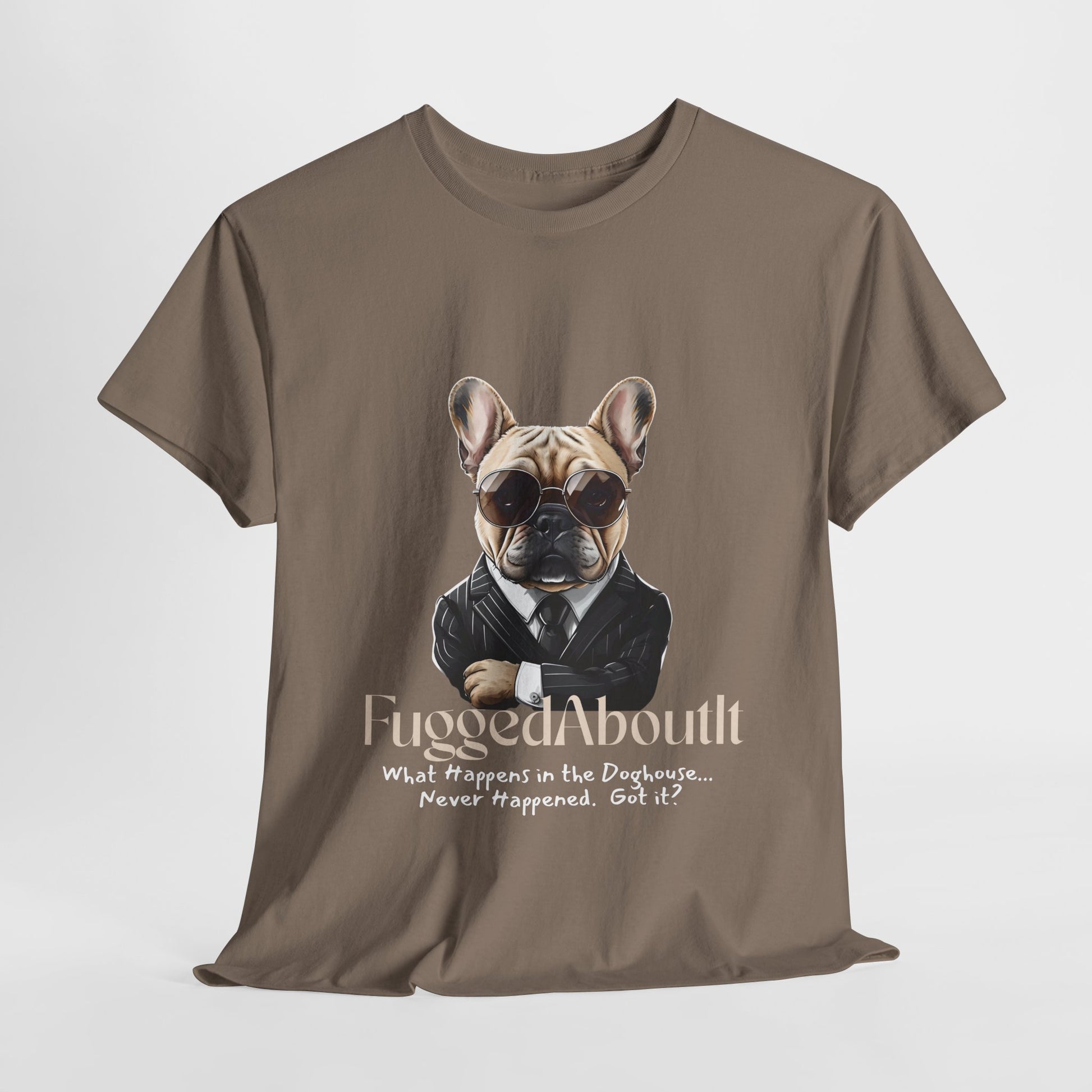 Brown t-shirt with a graphic of a dog wearing sunglasses and a suit, and text on a white background.