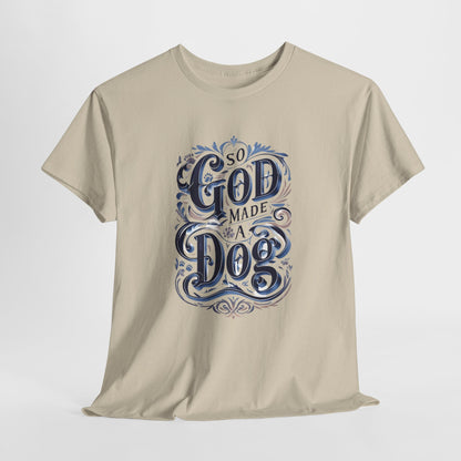 Beige t-shirt with blue and black graphic design on a white background