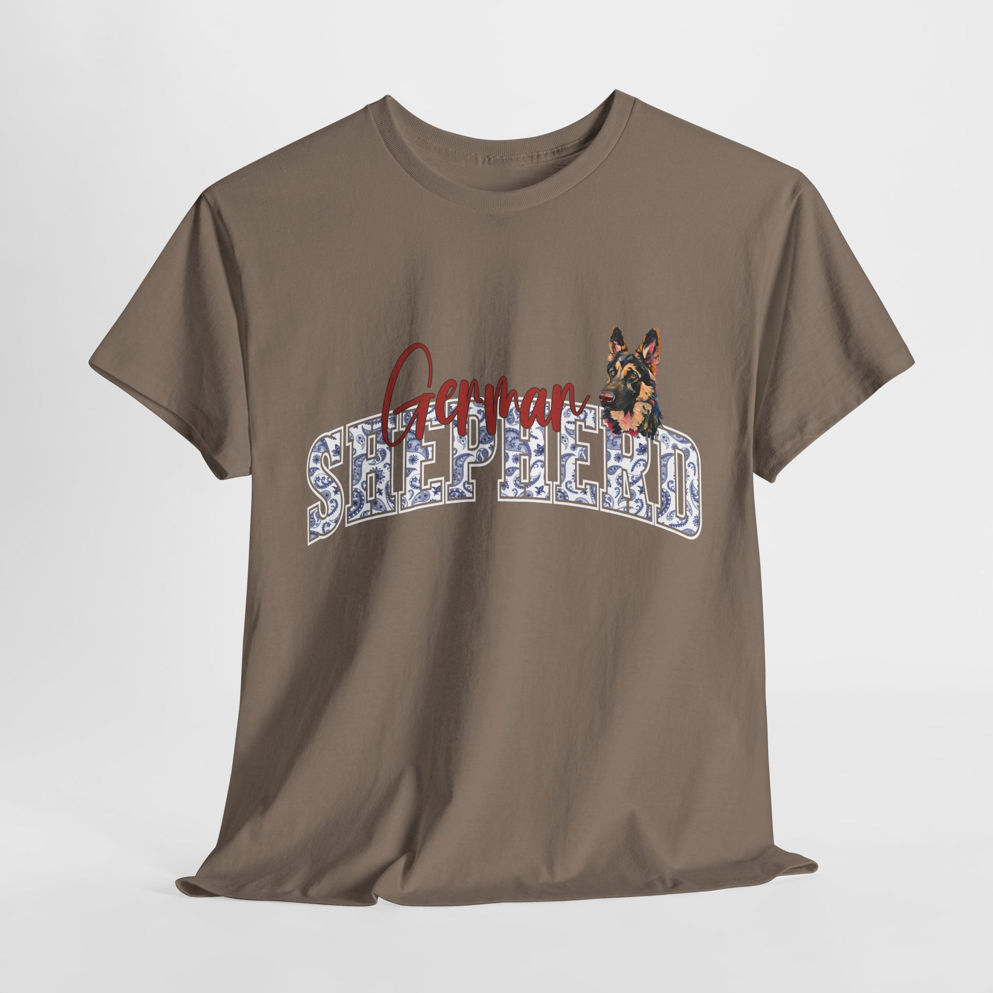 Brown t-shirt with a German Shepherd graphic and text on a light gray background