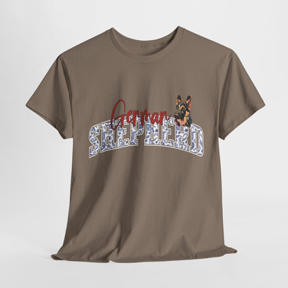 Brown t-shirt with a German Shepherd graphic and text on a light gray background