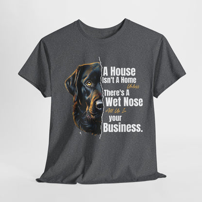 Gray t-shirt with a dog graphic and humorous text on a white background