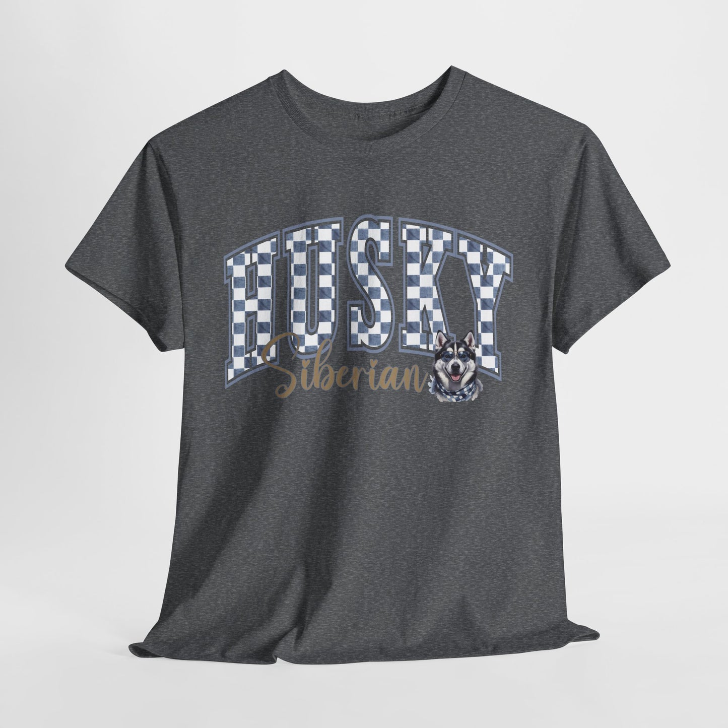 Gray t-shirt with 'Husky Siberian' text and dog graphic on a light gray background