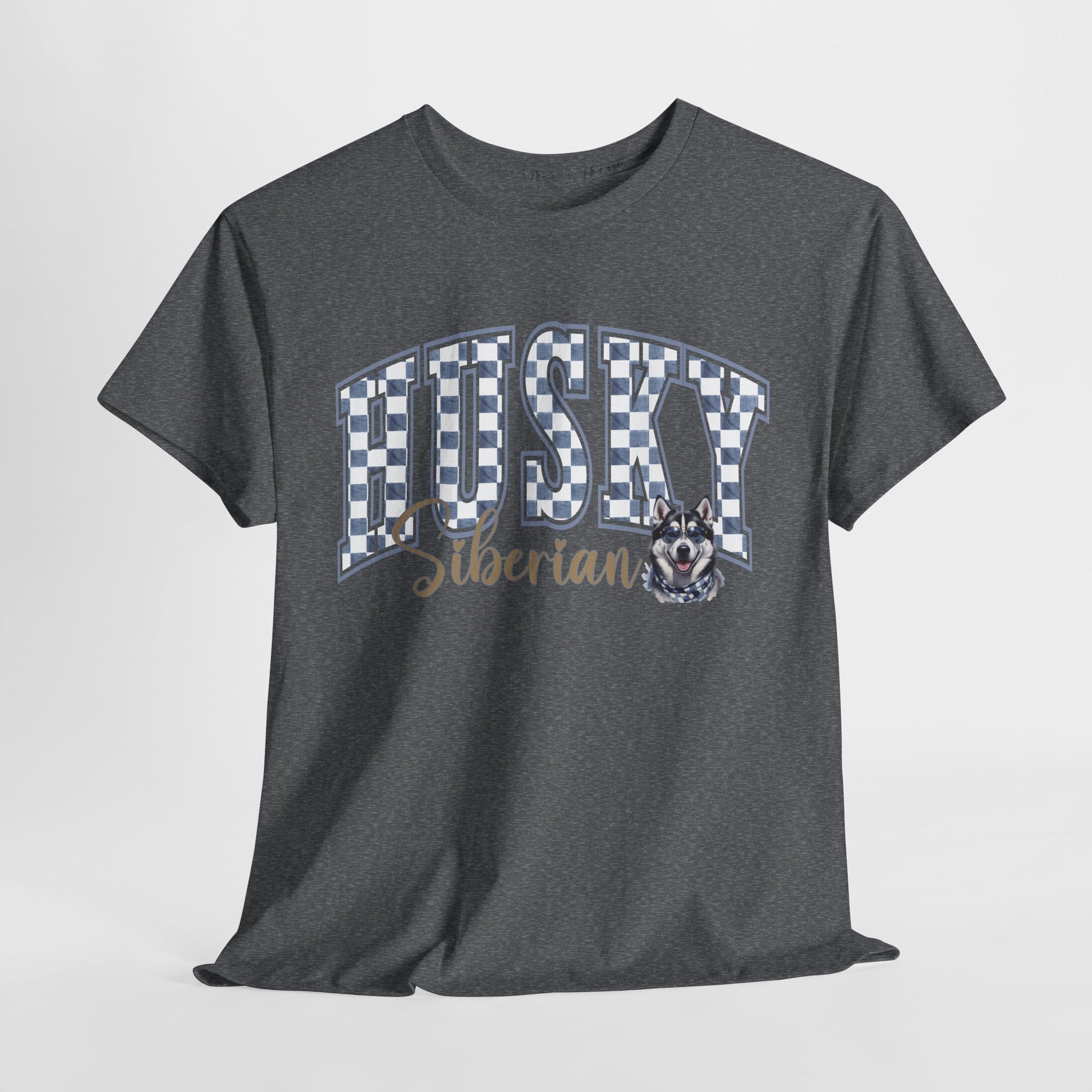 Gray t-shirt with 'Husky Siberian' text and dog graphic on a light gray background