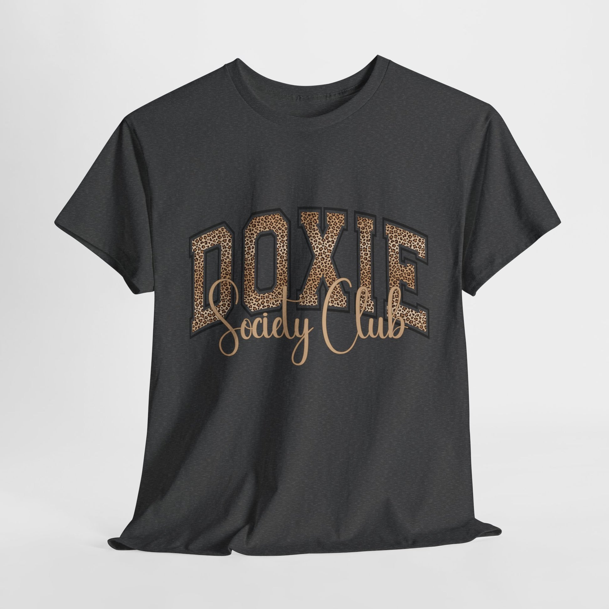 Black t-shirt with 'Doxie Society Club' text on a light gray background