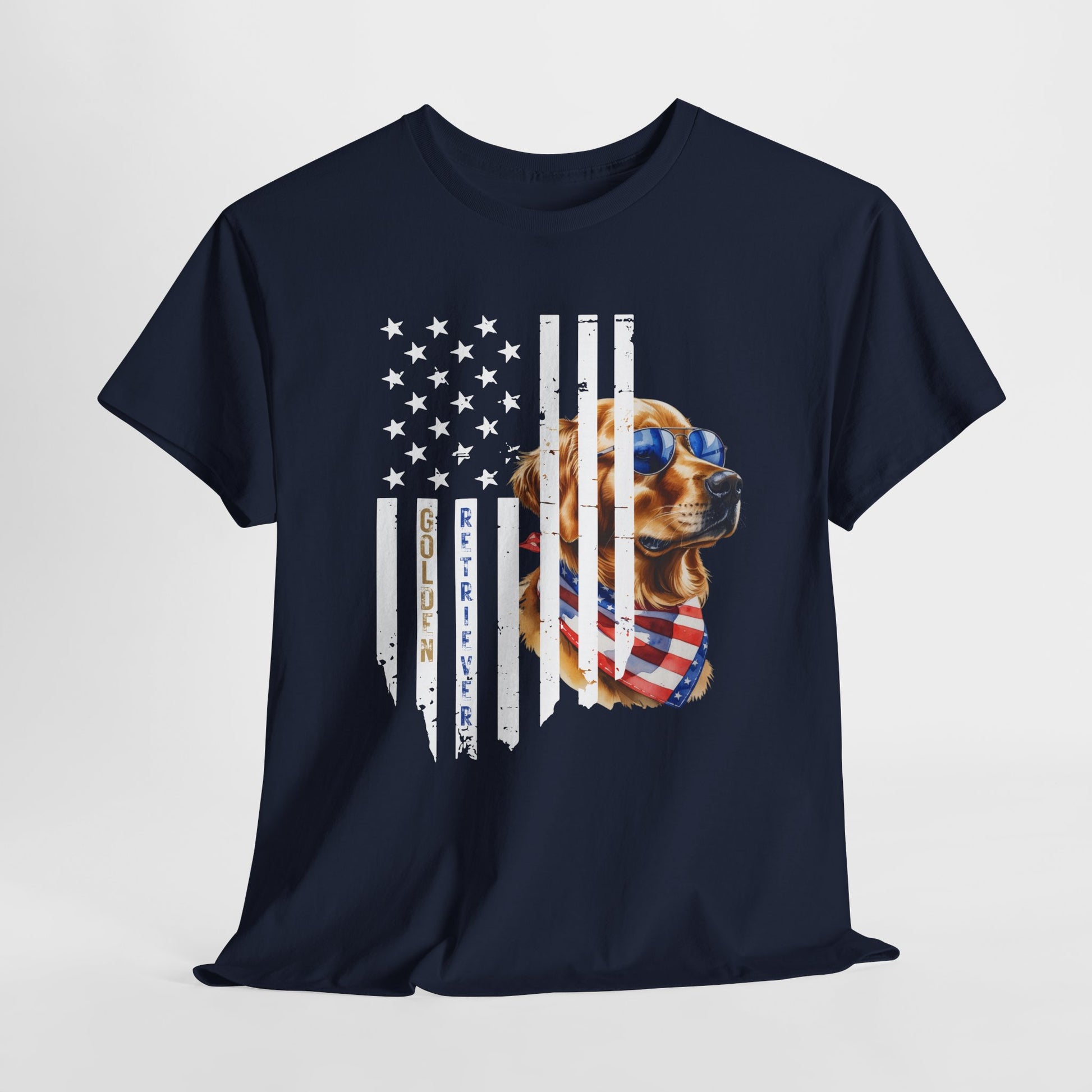 Navy blue t-shirt with a dog wearing sunglasses and an American flag design on a white background