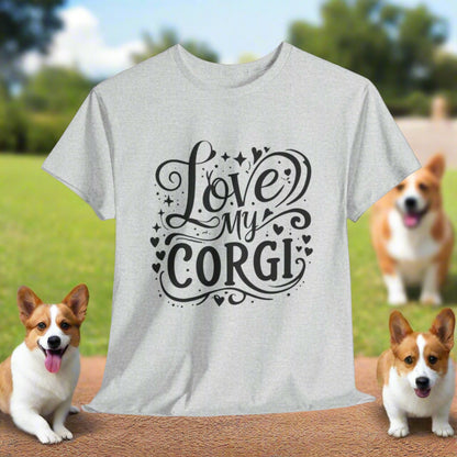 Ash t-shirt with 'Love my Corgi' text on a white background