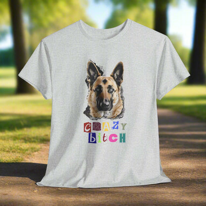 Ash t-shirt with a German Shepherd graphic and colorful text on a white background