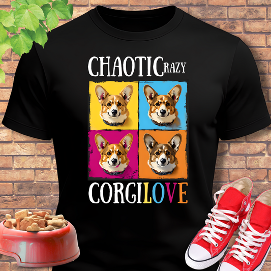 Black t-shirt with colorful corgi design and text 'Chaotic Razy Corgi Love' on a brick background.