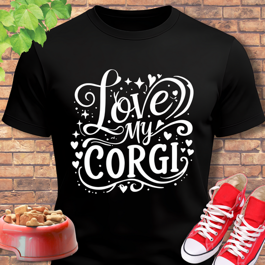 Black t-shirt with 'Love My Corgi' design, red shoes, and dog bowl on a brick background