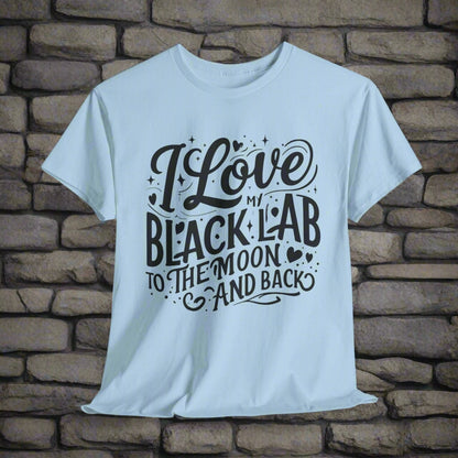 Black lab dog shirt To the Moon and Back in light blue