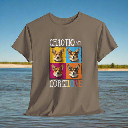 Brown t-shirt with colorful corgi graphic and text on a white background