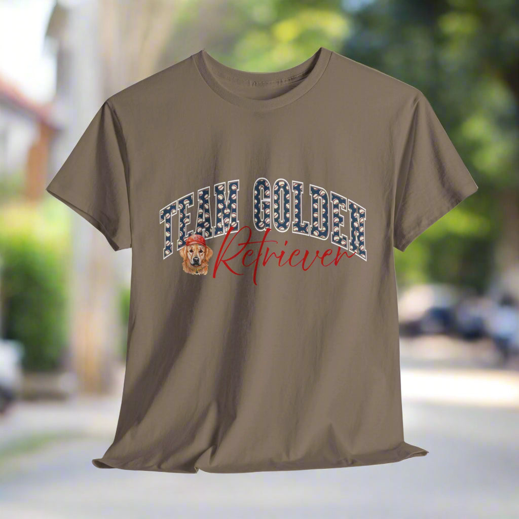 Brown t-shirt with 'I Love Golden Retrievers' text and dog graphic on a white background
