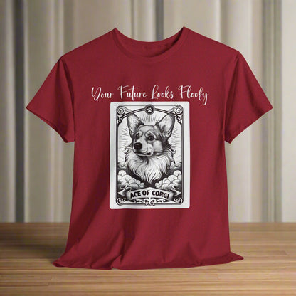 Corgi TShirt Tarot Card Ace of Corgi in Antique Cherry Red with a graphic of a dog tarot card