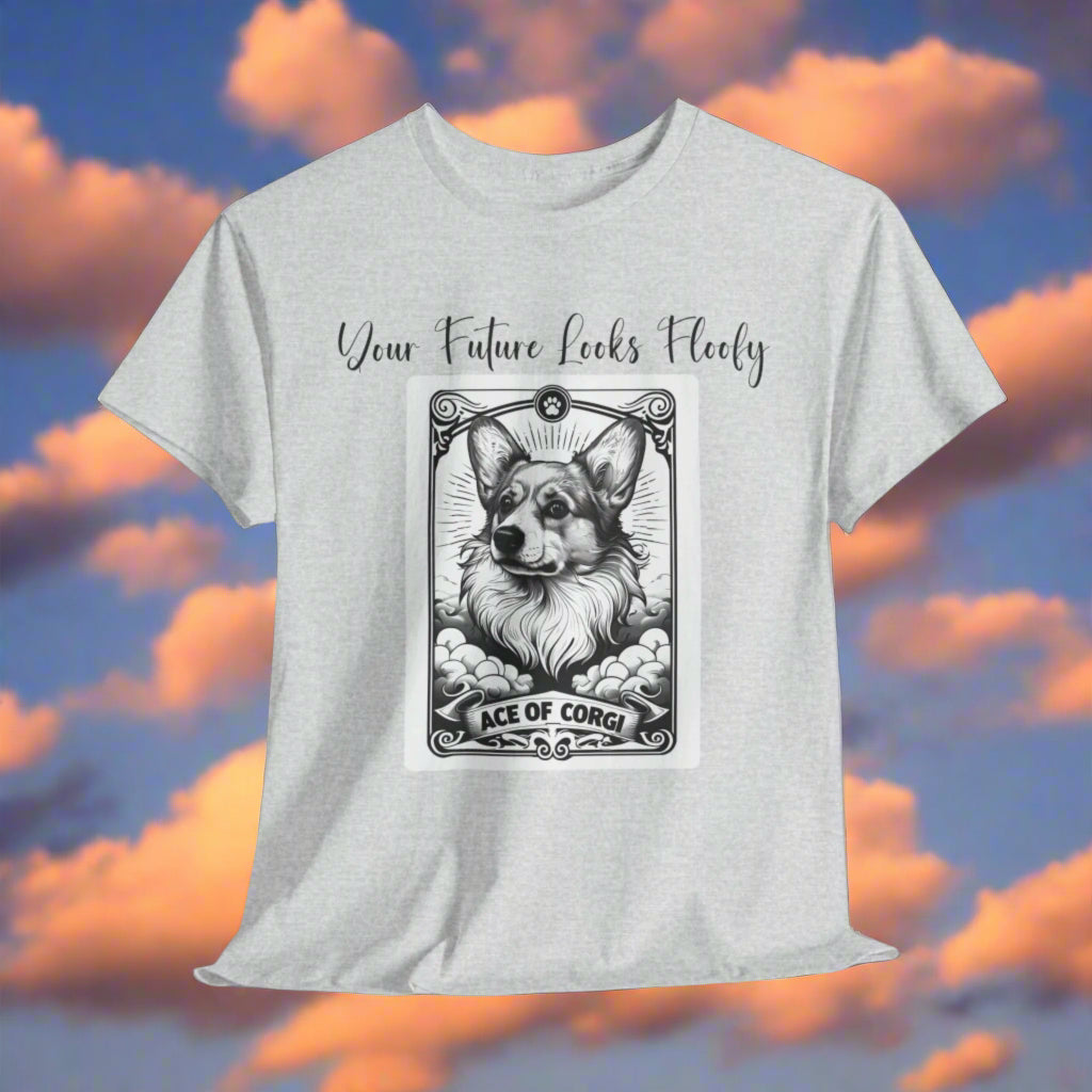 Corgi TShirt Tarot Card Ace of Corgi in Ash with a graphic of a dog and text on a white background