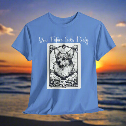Corgi TShirt Tarot Card Ace of Corgi in Carolina Blue with a graphic of a dog tarot card