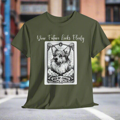 Corgi TShirt Tarot Card Ace of Corgi in Military Green with a dog tarot card illustration