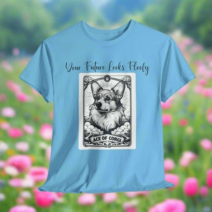 Corgi TShirt Tarot Card Ace of Corgi in Sky with a graphic of a dog tarot card