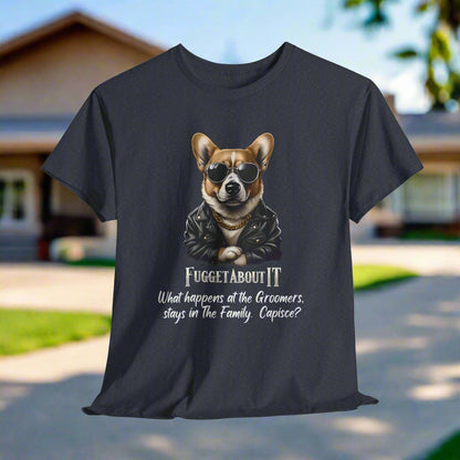 Corgi tshirt Fugget About It Groomers in Heather Navy with a dog graphic and humorous text on a light gray background
