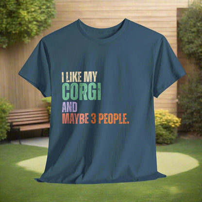Indigo Blue corgi tshirt with colorful text on a light gray background
