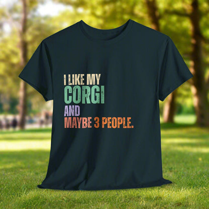 Midnight corgi tshirt with colorful text 'I LIKE MY CORGI AND MAYBE 3 PEOPLE.' 